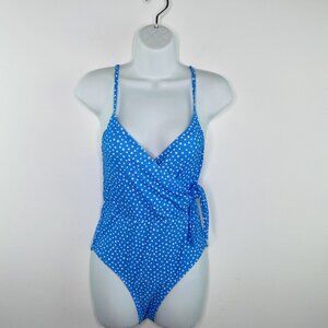 Jessica Simpson Blue Polka Dotted Wrap Front One Piece Swimsuit Size L